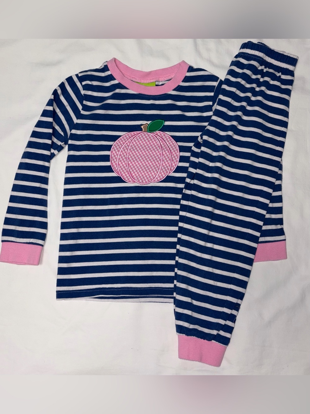 Classic Whimsy adorable blue striped outfit with pink pumpkin applique sz 5